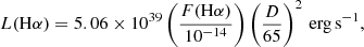 Mathematical equation: $$ \begin{aligned}&{L(\mathrm{H}\alpha )}= 5.06 \times 10^{39} \left(\frac{F(\mathrm{H}\alpha )}{10^{-14}}\right) \left(\frac{D}{65}\right)^{2}\,\mathrm{erg\,s^{-1}}, \end{aligned} $$