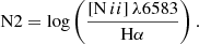 Mathematical equation: $$ \begin{aligned} \mathrm{N2}=\log \left(\frac{{[\mathrm{N}\,ii ]}\,\lambda 6583}{\mathrm{H\alpha }}\right). \end{aligned} $$