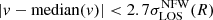 $ |v-\mathrm{median}(v)| < 2.7\sigma_{\mathrm{LOS}}^{\mathrm{NFW}}(R) $