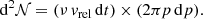 $$ \begin{aligned} \mathrm{d} ^2 \mathcal{N} = (\nu \,v_{\rm rel}\, \mathrm{d} t) \times (2 \pi p \,\mathrm{d} p) . \end{aligned} $$