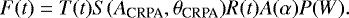 \begin{equation*} F(t) = T(t) S(A_{\textrm{CRPA}}, \theta_{\textrm{CRPA}}) R(t) A(\alpha) P(W). \end{equation*}