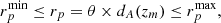 $$ \begin{aligned} r_p^\mathrm{min} \le r_p = \theta \times d_A (z_m) \le r_p^\mathrm{max}, \end{aligned} $$