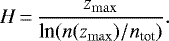 \begin{equation*} H\,{=}\,\frac{z_{\mathrm{max}}}{{{\textrm{ln}}}(n(z_{\mathrm{max}})/n_{\textrm{tot}})}. \end{equation*}