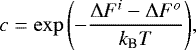 \begin{equation*} c = \exp\left(-\frac{\Delta F^i-\Delta F^o}{k_{\textrm{B}} T}\right)\!,\end{equation*}