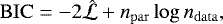 \begin{equation*} \mathrm{BIC} = -2\mathcal{\hat{L}} &#x002B; n_{\mathrm{par}} \log{n_{\mathrm{data}}}, \end{equation*}