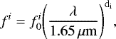 \begin{equation*} f^{i} = f^{i}_0 \Bigg(\frac{\lambda}{1.65\,\mu\mathrm{m}}\Bigg)^{\mathrm{d_i}}, \end{equation*}