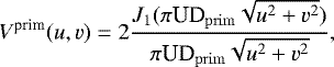 \begin{equation*} V^{\textrm{prim}}(u,v) = 2\frac{J_1(\pi {\textrm{UD}}_{\mathrm{prim}} \sqrt{u^2&#x002B;v^2})}{\pi {\textrm{UD}}_{\mathrm{prim}} \sqrt{u^2&#x002B;v^2}}, \end{equation*}