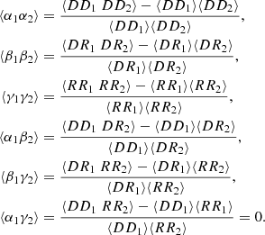 $$ \begin{aligned} \langle \alpha _1\alpha _2\rangle&= \frac{\langle DD_1\ DD_2 \rangle - \langle DD_1\rangle \langle DD_2\rangle }{\langle DD_1\rangle \langle DD_2\rangle },\nonumber \\ \langle \beta _1\beta _2\rangle&= \frac{\langle DR_1\ DR_2 \rangle - \langle DR_1\rangle \langle DR_2\rangle }{\langle DR_1\rangle \langle DR_2\rangle },\nonumber \\ \langle \gamma _1\gamma _2\rangle&= \frac{\langle RR_1\ RR_2 \rangle - \langle RR_1\rangle \langle RR_2\rangle }{\langle RR_1\rangle \langle RR_2\rangle } ,\nonumber \\ \langle \alpha _1\beta _2\rangle&= \frac{\langle DD_1\ DR_2 \rangle - \langle DD_1 \rangle \langle DR_2 \rangle }{\langle DD_1 \rangle \langle DR_2 \rangle } ,\nonumber \\ \langle \beta _1\gamma _2\rangle&= \frac{\langle DR_1\ RR_2 \rangle - \langle DR_1 \rangle \langle RR_2 \rangle }{\langle DR_1 \rangle \langle RR_2 \rangle } ,\nonumber \\ \langle \alpha _1\gamma _2\rangle&= \frac{\langle DD_1\ RR_2 \rangle - \langle DD_1 \rangle \langle RR_1 \rangle }{\langle DD_1 \rangle \langle RR_2 \rangle } = 0. \end{aligned} $$