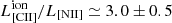 $ L_{{[\mathrm{CII}]}}^{\mathrm{ion}}/L_{[\mathrm{NII}]} \simeq 3.0 \pm 0.5 $