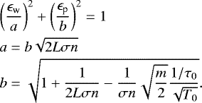\begin{eqnarray*} && \hspace*{-6pt} \left(\frac{\epsilon_{\textrm{w}}}{a}\right)^2 &#x002B; \left(\frac{\epsilon_{\textrm{p}}}{b}\right)^2 = 1 \nonumber \\ && \hspace*{-6pt} a = b\sqrt{2L\sigma n} \nonumber\\ && \hspace*{-6pt} b = \sqrt{1&#x002B;\frac{1}{2L\sigma n}-\frac{1}{\sigma n}\sqrt{\frac{m}{2}}\frac{1/\tau_0}{\sqrt{T_0}}}.\end{eqnarray*}
