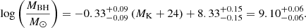 $$ \begin{aligned} \log \left({\frac{M_{\rm BH}}{M_\odot }}\right)&=-0.33^{+0.09}_{-0.09} \left(M_{\rm K}+24\right)+8.33^{+0.15}_{-0.15}=9.10^{+0.06}_{-0.06}. \end{aligned} $$
