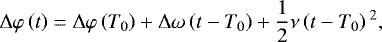 \begin{equation*} \Delta \varphi \left(t\right) = \Delta \varphi\left(T_0\right) &#x002B; \Delta \omega\left(t-T_0\right) &#x002B;\frac{1}{2} \nu \left(t-T_0\right){}^2,\end{equation*}