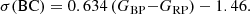 $$ \begin{aligned} \sigma (\mathrm{BC})&= 0.634\,(G_{\rm BP}{-}G_{\rm RP}) - 1.46. \end{aligned} $$