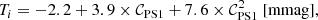 $$ \begin{aligned}&T_i = -2.2 + 3.9 \times \mathcal{C} _{\rm PS1} + 7.6 \times \mathcal{C} ^2_{\rm PS1}\ \mathrm{[mmag]},\end{aligned} $$