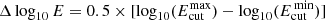 $ \Delta \log_{10}E = 0.5\times[\log_{10}(E_{\mathrm{cut}}^{\mathrm{max}}) - \log_{10}(E_{\mathrm{cut}}^{\mathrm{\,min}})] $