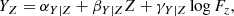 $$ \begin{aligned} Y_Z&= \alpha _{Y|Z}+\beta _{Y|Z} Z + \gamma _{Y|Z} \log F_z, \end{aligned} $$