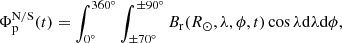 $$ \begin{aligned} \Phi _{\rm p}^\mathrm{N/S} (t) = \int _{0^{\circ }}^{360^{\circ }}\int _{\pm 70^{\circ }}^{\pm 90^{\circ }}B_{\rm r}(R_{\odot },\lambda ,\phi ,t) \cos \lambda \mathrm{d}\lambda \mathrm{d}\phi , \end{aligned} $$