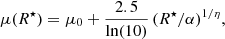 $$ \begin{aligned} \mu ({R}^{\star }) = \mu _{0} + \frac{2.5}{\mathrm{ln}(10)}\,(R^{\star }/\alpha )^{1/\eta } , \end{aligned} $$