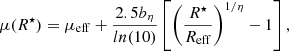 $$ \begin{aligned} \mu (R^{\star }) = \mu _{\rm eff} + \frac{2.5 b_{\eta }}{ln(10)} \left[ \left( \frac{R^{\star }}{R_{\rm eff}}\right)^{1/ \eta } - 1 \right], \end{aligned} $$