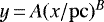 $y \,{=}\, A (x/\mathrm{pc})^B$