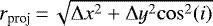$r_{\textrm{proj}}\,{=}\,\sqrt{\Delta x^2&#x002B;\Delta y^2 \mathrm{cos}^2(i)}$