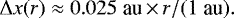 \begin{equation*} \Delta x (r) \approx 0.025 \;\textrm{au}\,{\times}\,r / (1 \;\textrm{au}). \end{equation*}