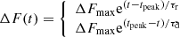 $$ \begin{aligned} \Delta F(t) = {\left\{ \begin{array}{ll} \Delta F_{\rm max} \mathrm{e}^{(t - t_{\rm peak})/\tau _{\rm r}}\\ \Delta F_{\rm max} \mathrm{e}^{(t_{\rm peak} - t)/\tau _{\rm d}} \end{array}\right.}\!\!\!\!\!\!, \end{aligned} $$