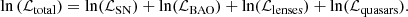 $$ \begin{aligned} \ln \left( \mathcal{L} _{\mathrm{total}} \right) = \ln (\mathcal{L} _{\mathrm{SN}}) + \ln (\mathcal{L} _{\mathrm{BAO}}) + \ln (\mathcal{L} _{\mathrm{lenses}}) + \ln (\mathcal{L} _{\mathrm{quasars}}). \end{aligned} $$