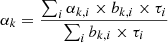 $$ \begin{aligned}&\alpha _{k} = \frac{\sum _i \alpha _{k,i} \times b_{k,i} \times \tau _i}{\sum _i b_{k,i} \times \tau _i} \end{aligned} $$