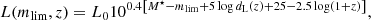 $$ \begin{aligned} L(m_{\rm lim},z) = L_{0}10^{0.4\left[ M^{\star } - m_{\rm lim} + 5\log d_{\rm L}(z) + 25{-}2.5\log \left(1 + z\right)\right]}, \end{aligned} $$