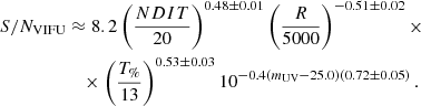 $$ \begin{aligned} S/N_{\rm VIFU}&\approx 8.2\left(\frac{NDIT}{20}\right)^{0.48\pm 0.01}\left(\frac{R}{5000} \right)^{-0.51 \pm 0.02}\times \nonumber \\&\quad \times \left(\frac{T_{\%}}{13}\right)^{0.53\pm 0.03}10^{-0.4(m_{\rm UV} - 25.0)(0.72 \pm 0.05)}\,. \end{aligned} $$