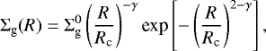\begin{equation*} \Sigma_{\text{g}}(R) = \Sigma_{\text{g}}^{0}\left(\frac{R}{R_{\text{c}}}\right)^{-\gamma} \text{exp}\left[-\left(\frac{R}{R_{\text{c}}}\right)^{2-\gamma}\right],\end{equation*}