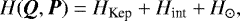 \begin{equation*} H(\bm{Q},\bm{P}) = H_{\text{Kep}} &#x002B; H_{\text{int}} &#x002B; H_{\odot}, \end{equation*}