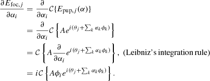$$ \begin{aligned} \frac{\partial {E}_{\mathrm{foc} , j}}{\partial \alpha _i}&= \frac{\partial }{\partial \alpha _i} \mathcal{C} \{ {E}_{\mathrm{pup} ,j}({\alpha }) \} \nonumber \\&= \frac{\partial }{\partial \alpha _i} \mathcal{C} \left\{ {A} e^{i ({\theta }_j + \sum _k \alpha _k {\phi }_k)}\right\} \nonumber \\&= \mathcal{C} \left\{ {A} \frac{\partial }{\partial \alpha _i} e^{i ({\theta }_j + \sum _k \alpha _k {\phi }_k)}\right\} , \ \mathrm ({\rm{Leibniz}\text{'}s\,\rm{integration\,rule}}) \nonumber \\&= i \mathcal{C} \left\{ {A} {\phi }_i e^{i ({\theta }_j + \sum _k \alpha _k {\phi }_k)} \right\} . \end{aligned} $$