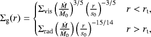 \begin{align*} \Sigma_{\textrm{g}}(r) = \begin{cases} \Sigma_{\textrm{vis}}\left(\frac{\dot{M}}{\dot{M}_0}\right)^{3/5}\left(\frac{r}{s_0}\right)^{-3/5} & r < r_{\textrm{t}}, \\[4pt] \Sigma_{\textrm{rad}}\left(\frac{\dot{M}}{\dot{M}_0}\right)\left(\frac{r}{s_0}\right)^{-15/14} & r > r_{\textrm{t}}, \end{cases}\end{align*}