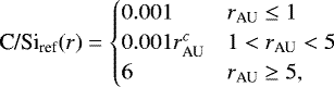 \begin{align*} \textrm{C/Si}_{\textrm{ref}}(r) = \begin{cases} 0.001 & r_{\textrm{AU}} \le 1 \\ 0.001 r_{\textrm{AU}}^c & 1 < r_{\textrm{AU}} < 5 \\ 6 & r_{\textrm{AU}} \ge 5, \\ \end{cases}\end{align*}