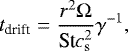 \begin{align*} t_{\textrm{drift}} = \frac{r^2\Omega}{\textrm{St}c^2_{\textrm{s}}}\gamma^{-1},\end{align*}