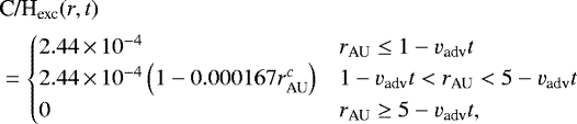 \begin{align*} &\textrm{C/H}_{\textrm{exc}}(r,t) \nonumber\\ & = \begin{cases} 2.44\,{\times}\,10^{-4} & r_{\textrm{AU}} \le 1 - v_{\textrm{adv}}t \\ 2.44\,{\times}\,10^{-4}\left( 1 - 0.000167 r_{\textrm{AU}}^{c}\right) & 1 - v_{\textrm{adv}}t < r_{\textrm{AU}} < 5 - v_{\textrm{adv}}t \\ 0 & r_{\textrm{AU}} \ge 5- v_{\textrm{adv}}t, \\ \end{cases}\end{align*}