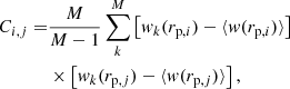 $$ \begin{aligned} C_{i,j} =&\frac{M}{M-1} \sum _{k}^{M} \left[ w_k (r_{\mathrm{p},i}) - \langle w(r_{\mathrm{p},i}) \rangle \right] \nonumber \\&\times \left[w_k(r_{\mathrm{p},j}) - \langle w(r_{\mathrm{p},j}) \rangle \right], \end{aligned} $$