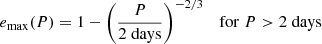 $$ \begin{aligned} e_{\rm max}(P) = 1 - \left(\frac{P}{2\;\mathrm{days}}\right)^{-2/3} \quad \mathrm{for}\;P>2\;\mathrm{days} \end{aligned} $$