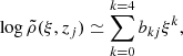 $$ \begin{aligned} \log \tilde{\rho }(\xi ,z_j) \simeq \sum \limits _{k=0}^{k=4} b_{kj} \xi ^k, \end{aligned} $$