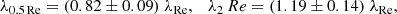 $$ \begin{aligned} \lambda _{0.5\,\mathrm{Re}} = (0.82 \pm 0.09) \; \lambda _\mathrm{Re} , \quad \lambda _\mathrm 2\,Re = (1.19 \pm 0.14) \; \lambda _\mathrm{Re} , \end{aligned} $$