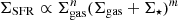 $ \Sigma_\mathrm{SFR} \propto \Sigma_\mathrm{gas}^n (\Sigma_\mathrm{gas}+\Sigma_\star )^m $