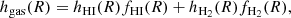 $$ \begin{aligned} h_\mathrm{gas} (R) = h_\mathrm{HI} (R) f_\mathrm{HI} (R) + h_\mathrm{H_2} (R) f_\mathrm{H_2} (R), \end{aligned} $$