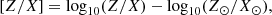 $$ \begin{aligned}\left[Z/X\right] = \log _{10}(Z/X) - \log _{10}(Z_\odot /X_\odot ), \end{aligned} $$