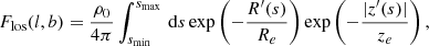 $$ \begin{aligned} F_{\rm los}({l,b}) = \frac{\rho _0}{4\pi } \int _{s_{\min }}^{s_{\max }}\,\mathrm{d}s \exp \left(-\frac{R^{\prime }(s)}{R_e}\right)\exp \left(-\frac{|z^{\prime }(s)|}{z_e}\right), \end{aligned} $$