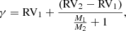 $$ \begin{aligned} \gamma = \mathrm{RV}_1 + \frac{(\mathrm{RV}_2 - \mathrm{RV}_1)}{\frac{M_1}{M_2}+1}, \end{aligned} $$