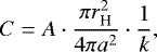 \begin{equation*}C=A\cdot{{\pi r_{\textrm{H}}^{2}}\over{4\pi a^2}}\cdot{{1}\over{k}} ,\end{equation*}