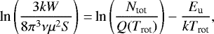 \begin{equation*}\textrm{ln}\left(\frac{3kW}{8\pi^{3}\nu\mu^{2}S}\right)\,{=}\,\textrm{ln}\left(\frac{N_{\textrm{tot}}}{Q(T_{\textrm{rot}})}\right)-\frac{E_{\textrm{u}}}{kT_{\textrm{rot}}}, \end{equation*}