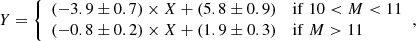 $$ \begin{aligned} Y = {\left\{ \begin{array}{ll} (-3.9\pm 0.7) \times X + (5.8\pm 0.9)&\mathrm{if} \;10 < M < 11\\ (-0.8\pm 0.2) \times X + (1.9\pm 0.3)&\mathrm{if} \;M>11 \end{array}\right.}, \end{aligned} $$